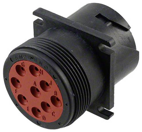 Rundstecker, schwarz mit rotem Gesicht, mit acht Löchern beschriftet von A bis H, wird für elektrische Verbindungen in industriellen Anwendungen verwendet.