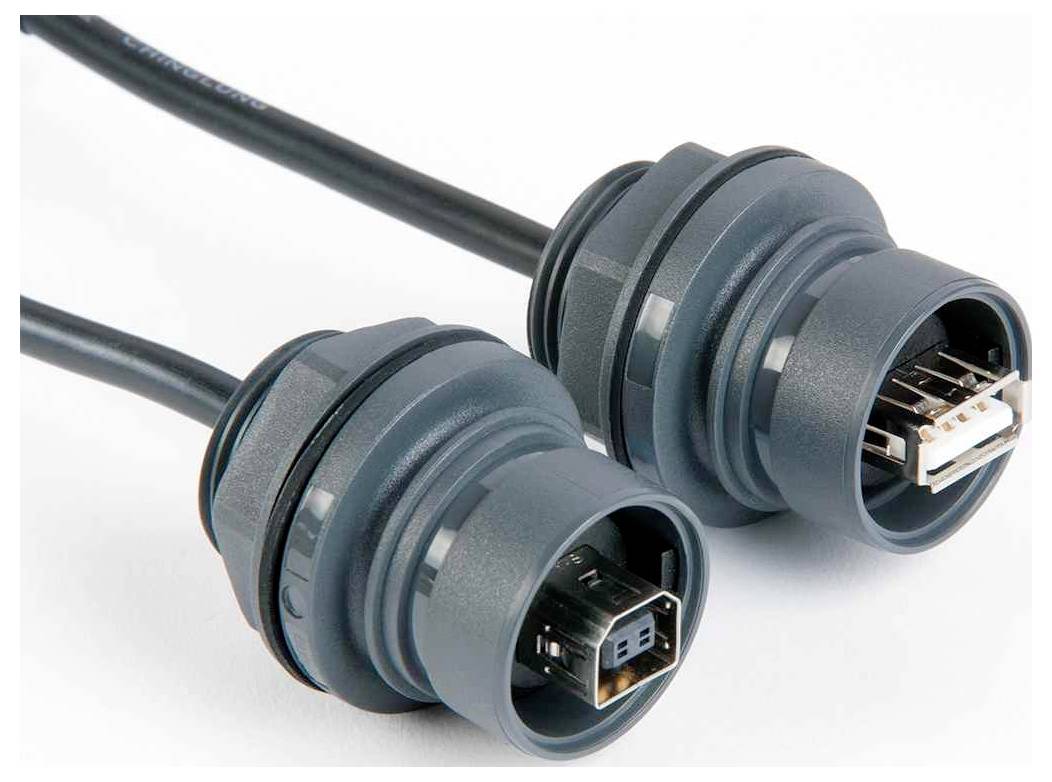 Zwei Industriesteckverbinder mit Kabeln, einer mit mehreren Kontakten und der andere mit einem USB-Anschluss, entwickelt für sichere und robuste Verbindungen.