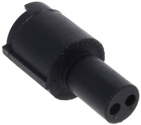 Ein schwarzer Kunststoff-Zylinderadapter mit zwei Löchern, verwendet zum Verbinden von elektronischen Komponenten.