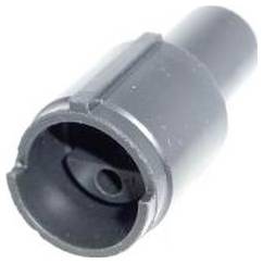 Eine Nahaufnahme eines Metall-Steckschlüssel-Adapters, die seine zylindrische Form und die sechskantige Öffnung zeigt.