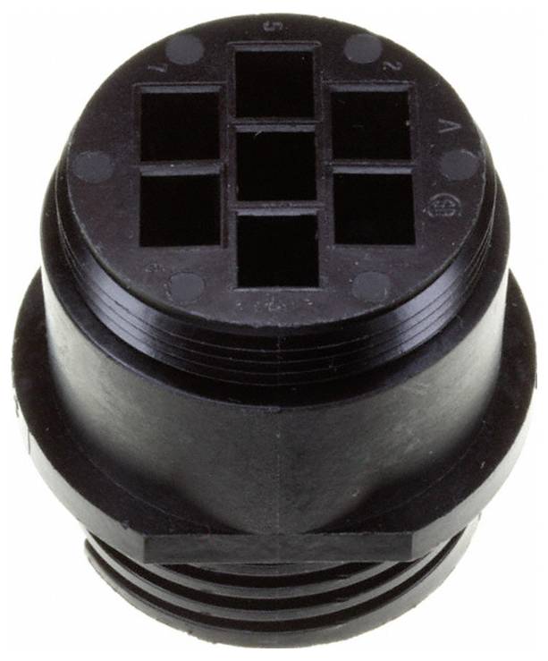 Schwarzer Kunststoff-7-Pol-Stecker mit kreisförmiger Basis und rechteckiger Stiftanordnung, verwendet für elektrische Verbindungen.