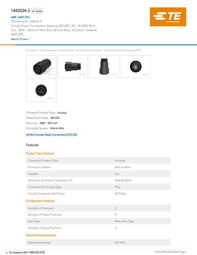 teconnectivity TE Connectivity 1445534-3 Rundsteckverbinder Bag 1St.