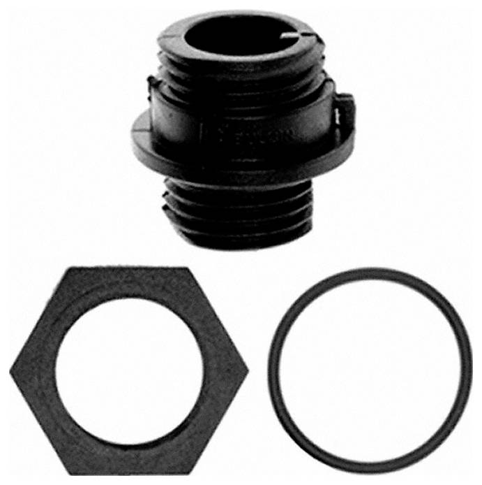 Drei schwarze Kunststoff-Beschlagteile: eine Gewindeverbindung, eine sechskant Mutter und eine kreisförmige Dichtung, die zum Sichern von Verbindungen verwendet werden.