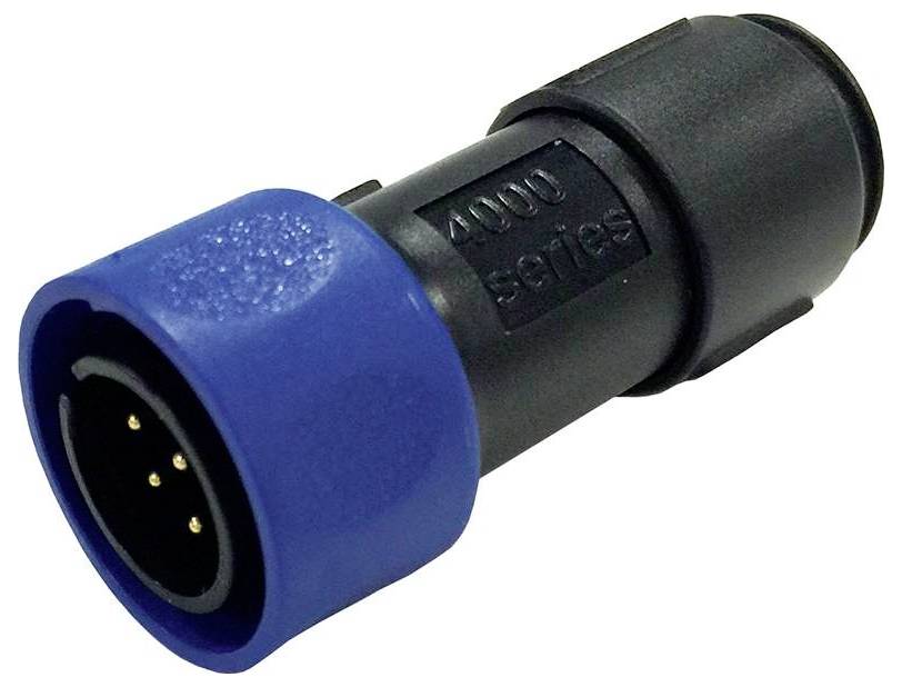 Ein schwarzer und blauer zylindrischer Stecker mit drei Metallstiften, gekennzeichnet mit „4000er Serie