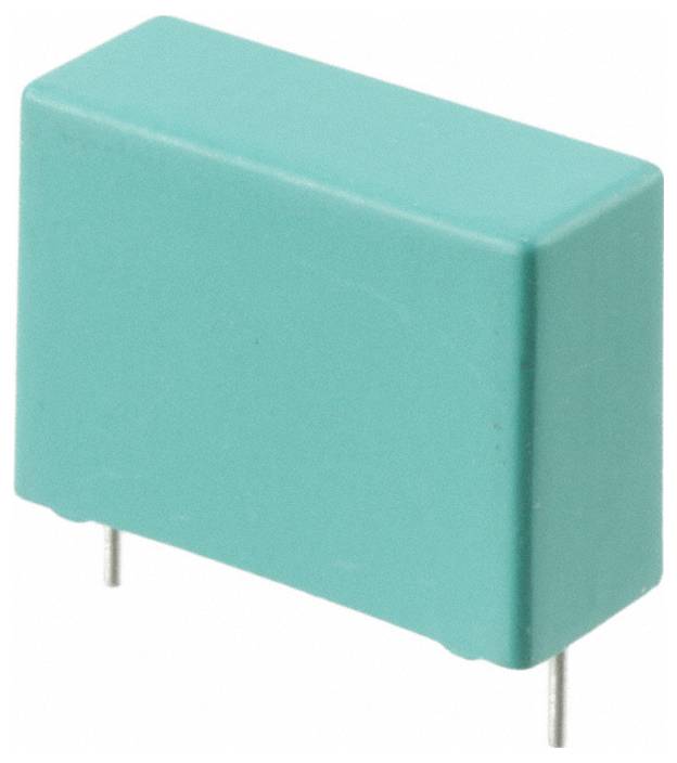 Eine grüne rechteckige elektronische Komponente mit zwei Metallstiften, die von unten herausragen, wahrscheinlich ein Kondensator.