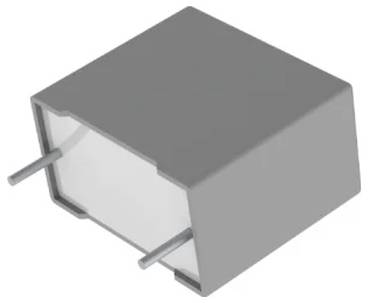 Eine grauer rechteckiger elektronischer Bauteil mit zwei metallischen Anschlüssen, die von einer Seite herausragen, vermutlich ein Kondensator.