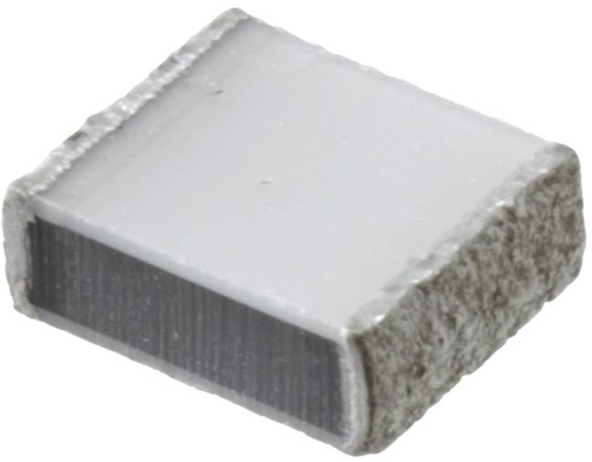 Eine kleine, rechteckige elektronische Komponente mit Metallenden und einem hellbraunen Gehäuse, die einem oberflächenmontiertem Keramikkondensator ähnelt.