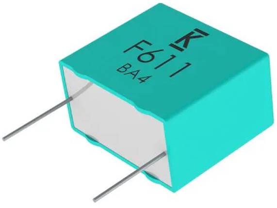 Eine türkisfarbene rechteckige elektronische Komponente mit zwei Metalldrähten, mit der Beschriftung „F6111 BA4