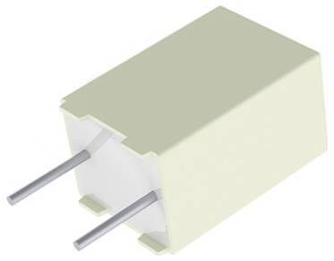 Ein beiger rechteckiger elektronischer Kondensator mit zwei Metalldrähten, die von einer Seite herausragen.
