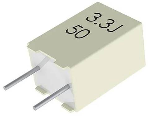 Ein beiger rechteckiger elektronischer Kondensator mit zwei Metalldrähten, die herausragen. Auf der Oberseite ist 