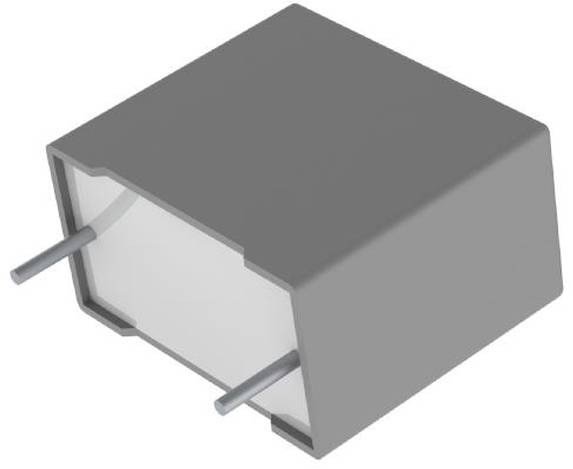 Ein rechteckiger, grauer elektronischer Kondensator mit zwei Metallanschlüssen, die von einer Seite herausragen, wird in elektronischen Schaltkreisen verwendet.