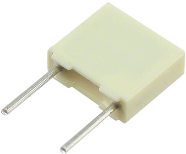 Ein kleines, weißes rechteckiges elektronisches Bauteil mit zwei Metallstiften, die von einer Seite abstehen.