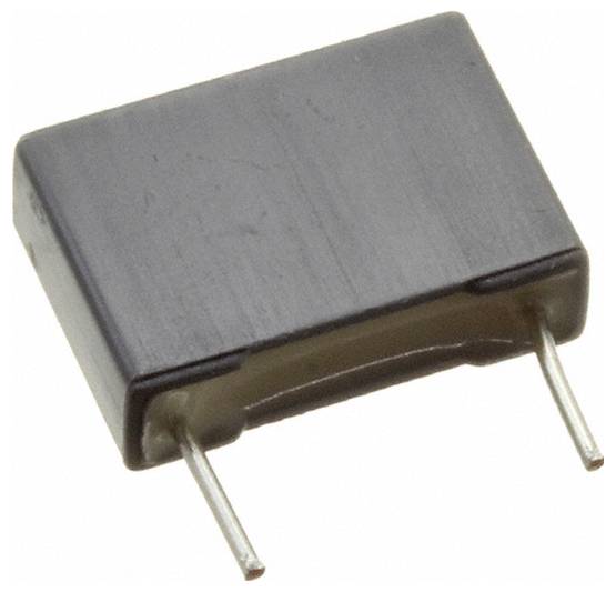 Ein blauer rechteckiger Kondensator mit zwei Metallanschlüssen, die von einer Seite abstehen, wird in elektronischen Schaltungen zur Speicherung elektrischer Energie verwendet.