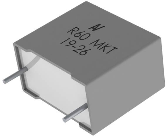 Ein grauer R60 MKT 19-26 Kondensator mit zwei Metallanschlüssen, auf der Oberseite gekennzeichnet. Komponenten wie diese werden in elektronischen Schaltkreisen verwendet.
