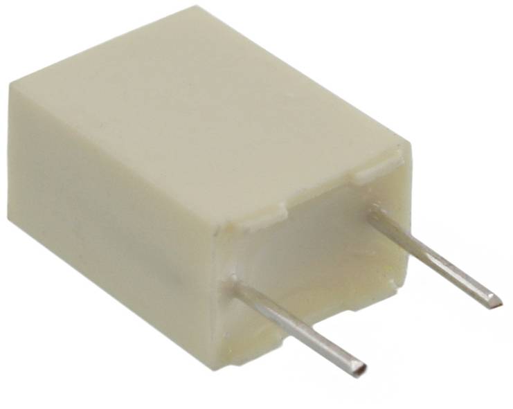 Ein gelber Keramikkondensator mit zwei langen Drahtanschlüssen, der in elektronischen Schaltungen verwendet wird, um elektrische Energie zu speichern und freizusetzen.