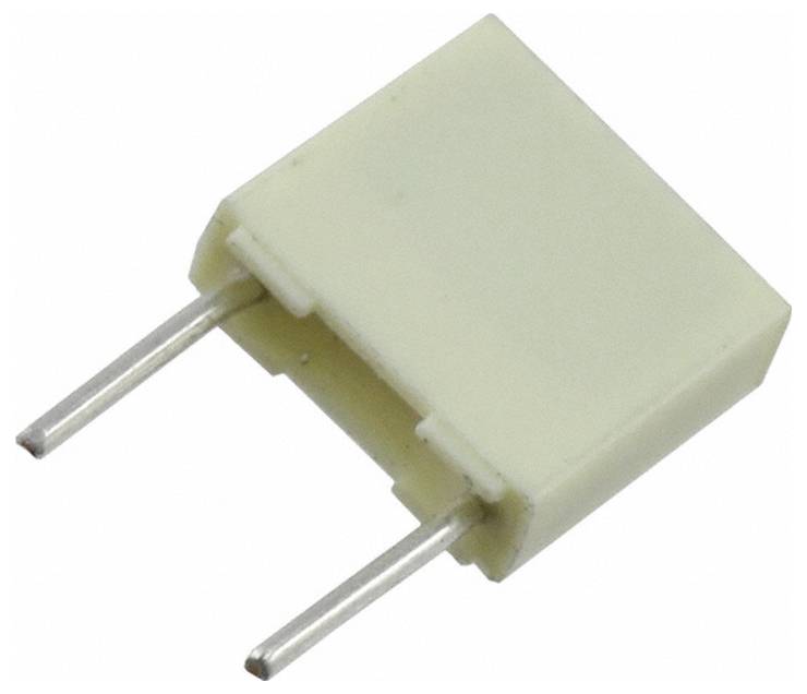 Ein weißes Kunststoff-Elektronikbauteil mit zwei Metallstiften, wahrscheinlich ein Kondensator oder Widerstand, vor einem einfachen Hintergrund.