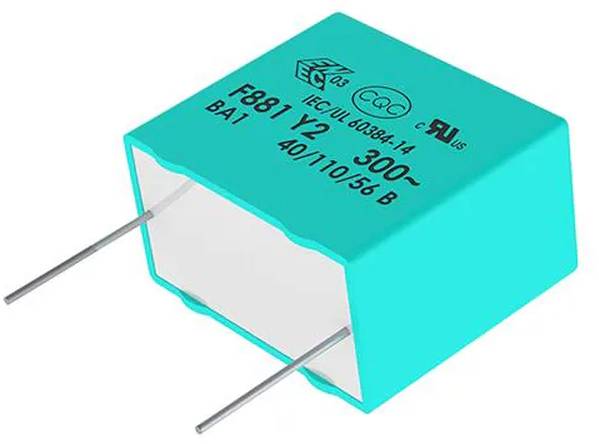 Ein blaues rechteckiges elektronisches Bauteil mit zwei Metalldrähten. Es ist mit „F881 Y2 300V