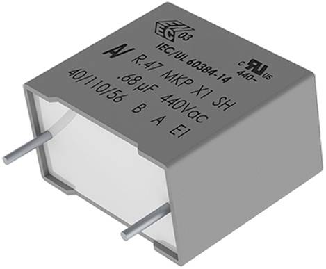 Ein grauer rechteckiger Kondensator mit auf der Oberseite aufgedruckten Spezifikationen, einschließlich 