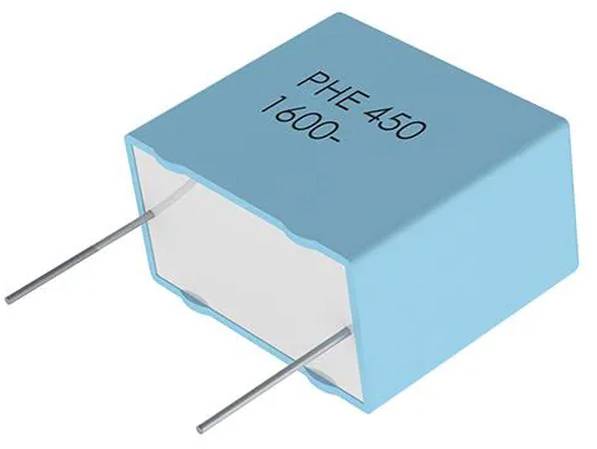 Eine blaue rechteckige elektronische Komponente mit der Bezeichnung 'PHE 450 1600-', mit zwei Metallkontakten, die von einer Seite abstehen.
