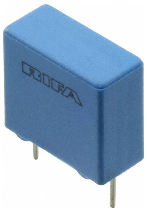 Ein blauer, rechteckiger elektronischer Kondensator mit der Aufschrift 