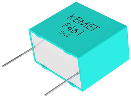 Eine graugrüne rechteckige elektronische Komponente mit zwei Metallanschlüssen, beschriftet mit „KEMET F461 BA6