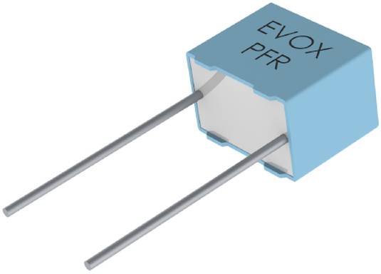 Ein blauer EVOX PFR-Kondensator mit zwei Metallanschlüssen erstreckt sich von einem Ende.