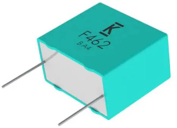 Eine blaugrüne rechteckige elektronische Komponente, wahrscheinlich ein Kondensator, mit zwei metallischen Anschlüssen und Markierungen „F462 BA4