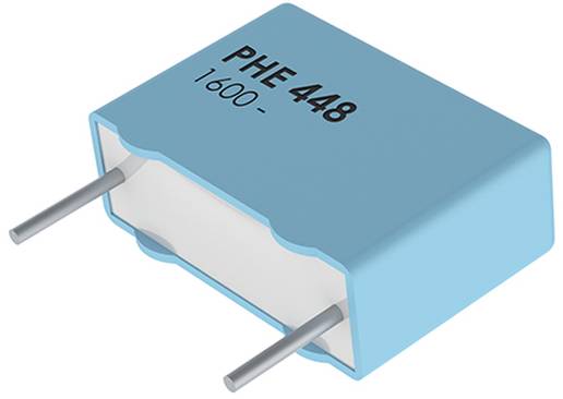 Ein blauer Kondensator wird gezeigt mit zwei Metalldrähten, die von den Seiten herausragen, beschriftet mit „PHE 448 1600-