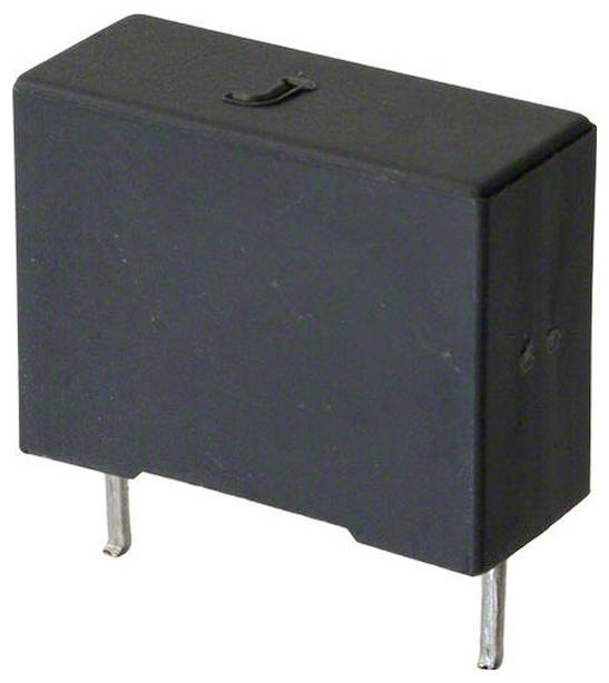 Ein rechteckiger schwarzer Kondensator mit zwei Metallkabel, die nach unten führen.