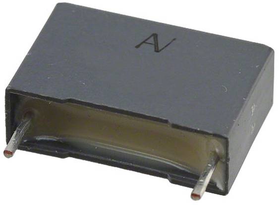 Eine graue rechteckige elektronische Komponente mit zwei hervorstehenden Metallstiften. Die Komponente hat ein auf ihrer Oberseite markiertes 'A'.