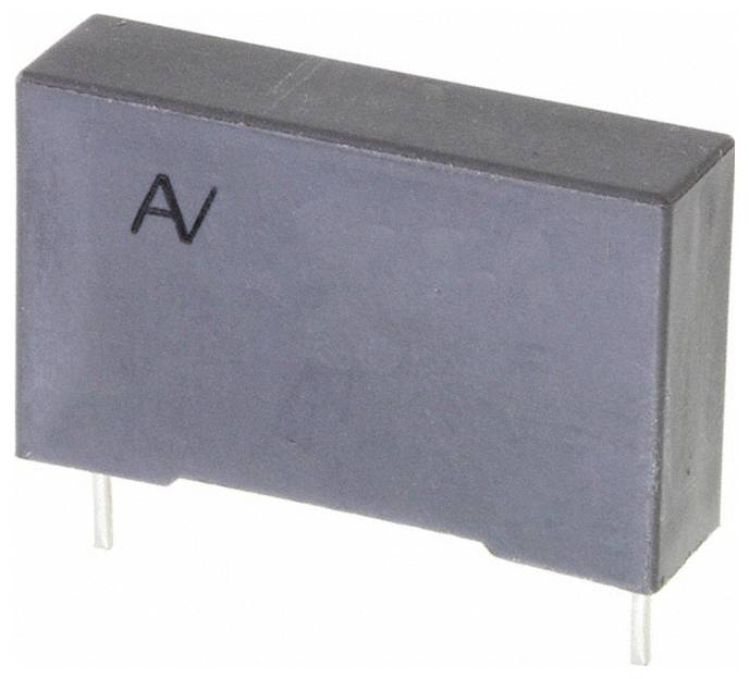 Eine rechteckige elektronische Komponente mit zwei Metalldrähten mit der Bezeichnung „A/V