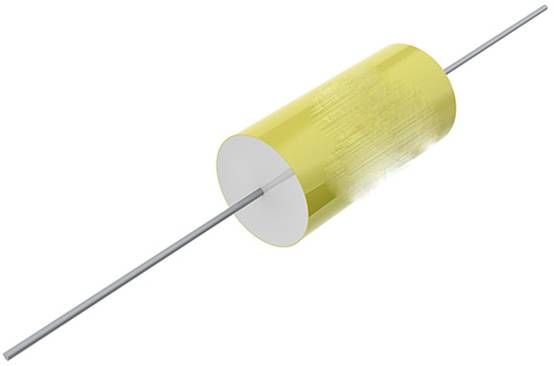 Ein zylindrischer Widerstand mit gelber Isolierungsschicht und Metalldrähten, die von beiden Enden herausragen, typischerweise in elektronischen Schaltkreisen verwendet.