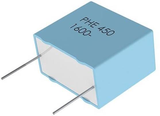 Ein blauer rechteckiger Kondensator mit der Aufschrift 