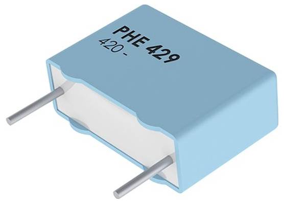 Ein blaues rechteckiges elektronisches Bauteil mit zwei Metallanschlüssen, beschriftet mit 