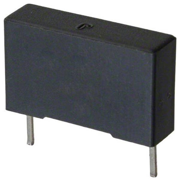 Eine schwarze rechteckige elektronische Komponente mit zwei Metallstiften, wahrscheinlich ein Relais oder Kondensator, vor einem einfachen Hintergrund.