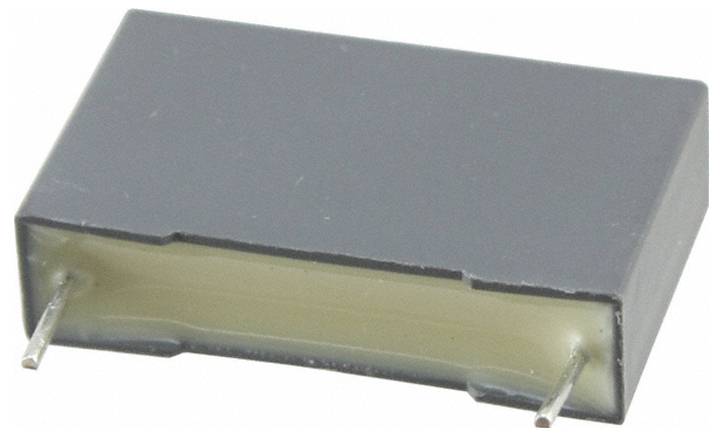 Ein rechteckiger, schwarzer elektronischer Kondensator mit zwei Metallanschlüssen, die sich von jedem Ende erstrecken.