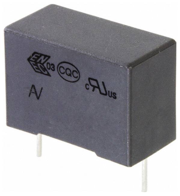 Ein schwarzer rechteckiger elektronischer Kondensator mit zwei Metalldrähten, gekennzeichnet mit 