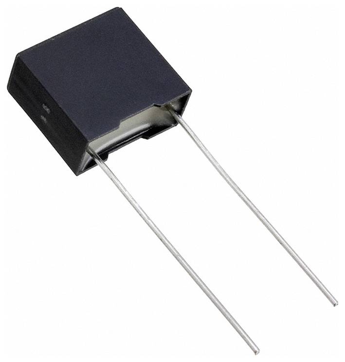 Eine kleine, schwarze, rechteckige elektronische Komponente mit zwei Metallkontakten, wahrscheinlich ein Kondensator, vor weißem Hintergrund dargestellt.