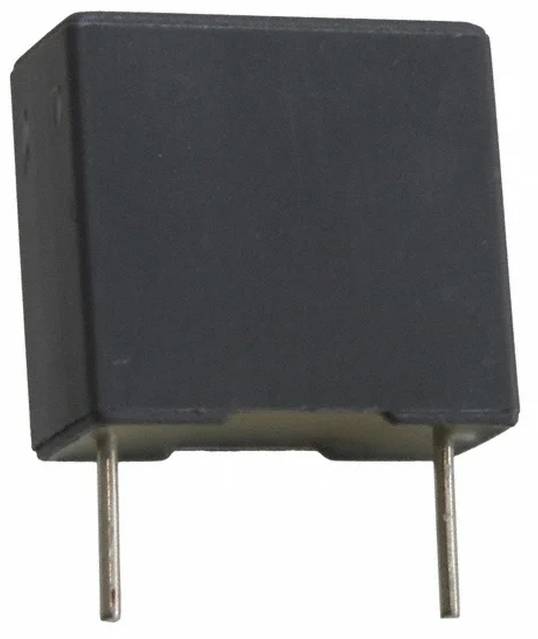 Eine schwarze rechteckige elektronische Komponente mit zwei Metallstiften, die von der Unterseite herausragen, möglicherweise ein Relais oder ein ähnliches Gerät.