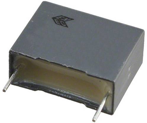 Ein grauer rechteckiger Kondensator mit zwei Metallanschlüssen, die von unten herausragen.