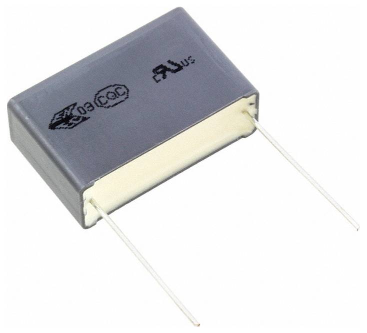 Ein rechteckiger grauer Filmkondensator mit zwei Drahtleitern, die von einer Seite abgehen. Die Markierungen umfassen Spannungs- und Zertifizierungssymbole.