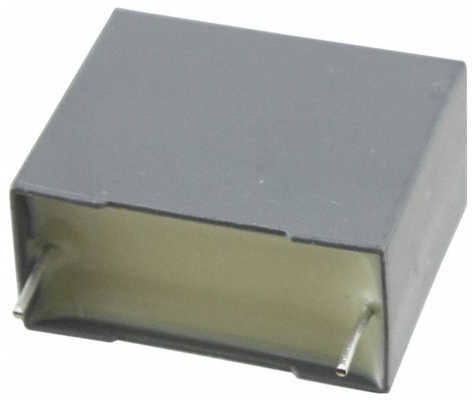 Ein kleines, rechteckiges, graues elektronisches Bauteil mit zwei Metalldrähten, wahrscheinlich ein Kondensator, der in elektronischen Schaltkreisen verwendet wird.