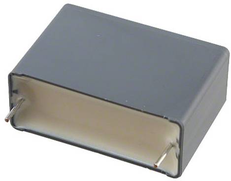 Eine rechteckige, metallische elektronische Komponente mit zwei Metallstiften zur Verbindung.