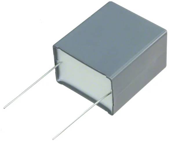 Ein rechteckiger grauer Kondensator mit zwei Metalldrähten, die von einer Seite herausragen, wird in elektronischen Schaltungen zur Energiespeicherung verwendet.