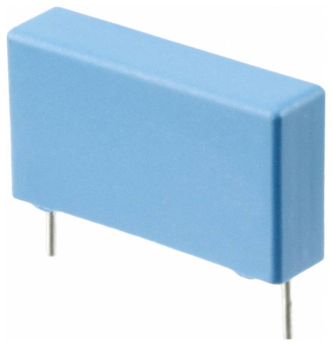 Ein blauer rechteckiger Kondensator mit zwei Metalldrähten, die sich unten erstrecken, wird in elektronischen Schaltkreisen zum Speichern von elektrischer Ladung verwendet.