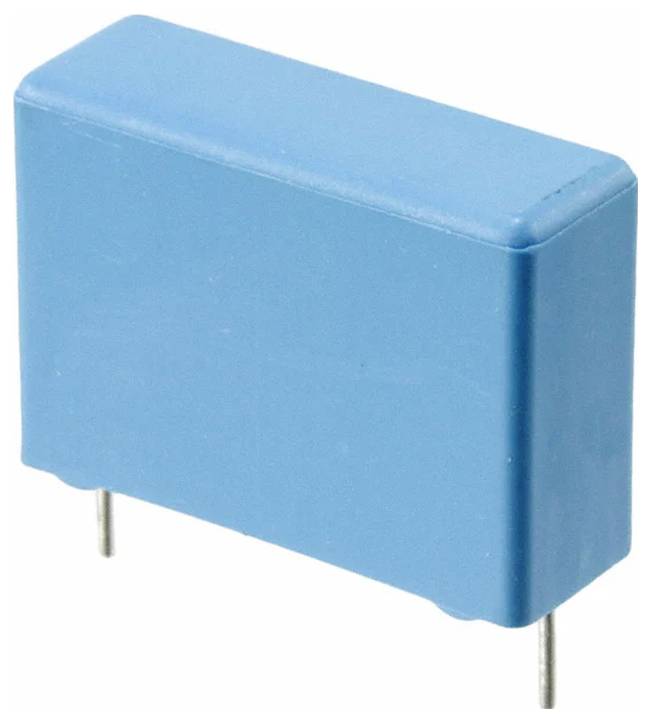 Ein blauer rechteckiger elektronischer Kondensator mit zwei Metalldrähten, die von unten herausragen.