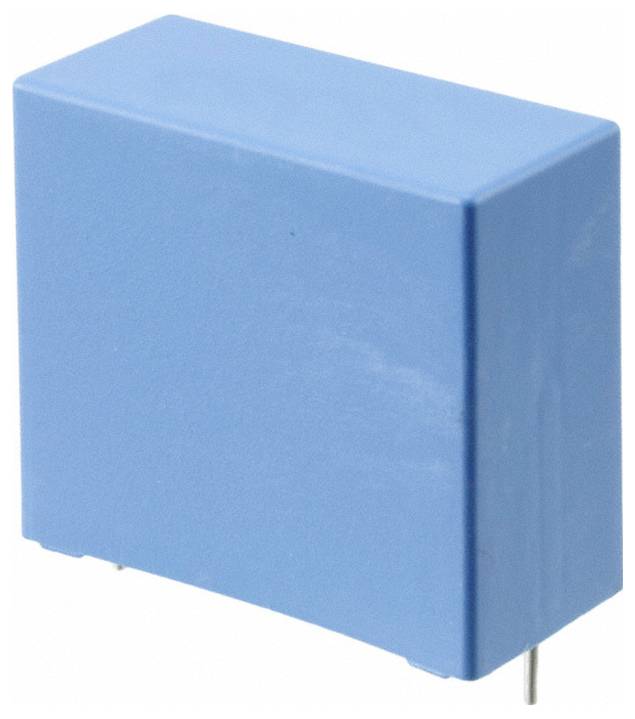 Eine blaue, rechteckige, zweipolige elektronische Komponente, wahrscheinlich ein Kondensator oder Relais, vor einem einfachen weißen Hintergrund.