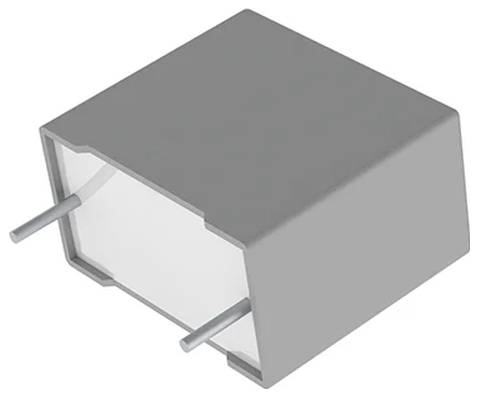 Eine graue rechteckige elektronische Komponente mit zwei Metallanschlüssen, die von einem Ende herausragen, häufig in Schaltkreisen verwendet.