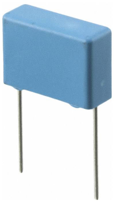 Ein blauer rechteckiger Kondensator mit zwei Metallleiten, die nach unten verlaufen.