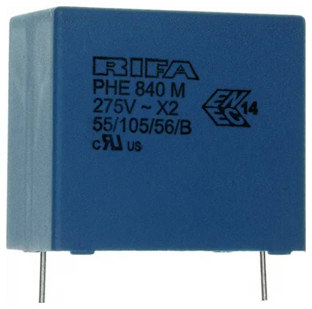 Ein rechteckiges elektronisches Bauelement mit zwei Metalldrähten, wahrscheinlich eine Diode oder ein Brückengleichrichter, das in elektronischen Schaltkreisen verwendet wird.